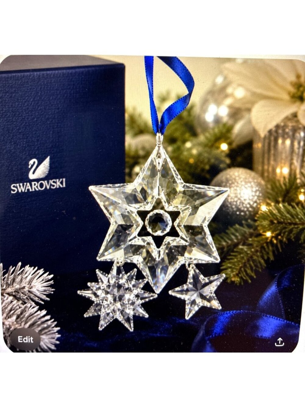 Retired Swarovski Crystal Star Christmas Ornament Blue Ribbon with Original Box - Picture 3 of 11